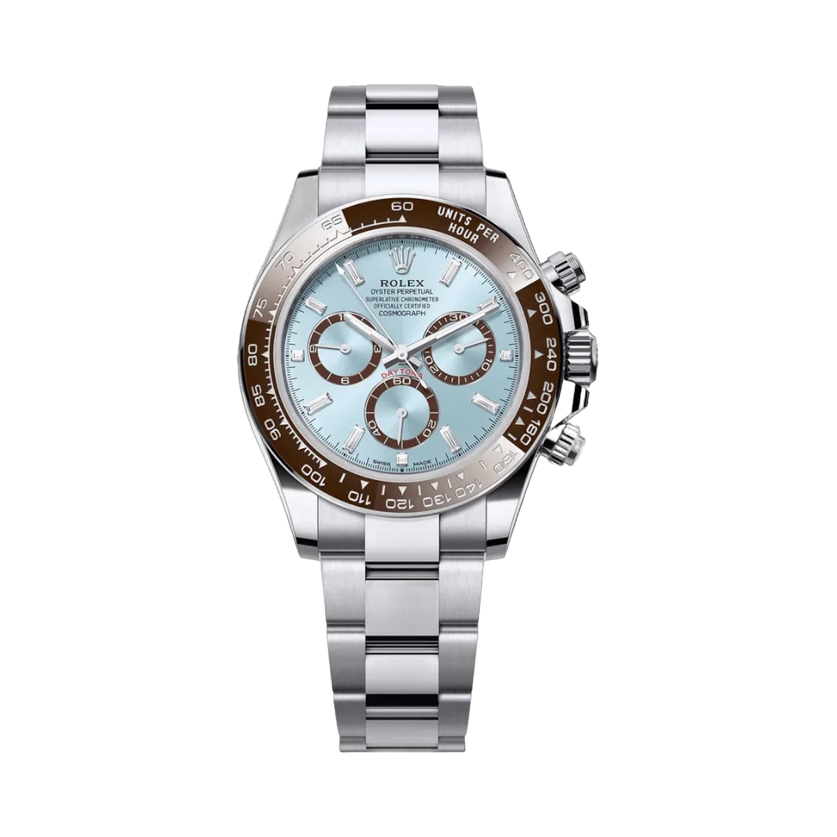 Rolex Cosmograph Daytona 126506-0002 Diamantbesetzte Kastanienbraune Lünette Oyster Platinarmband Eisblaues Zifferblatt