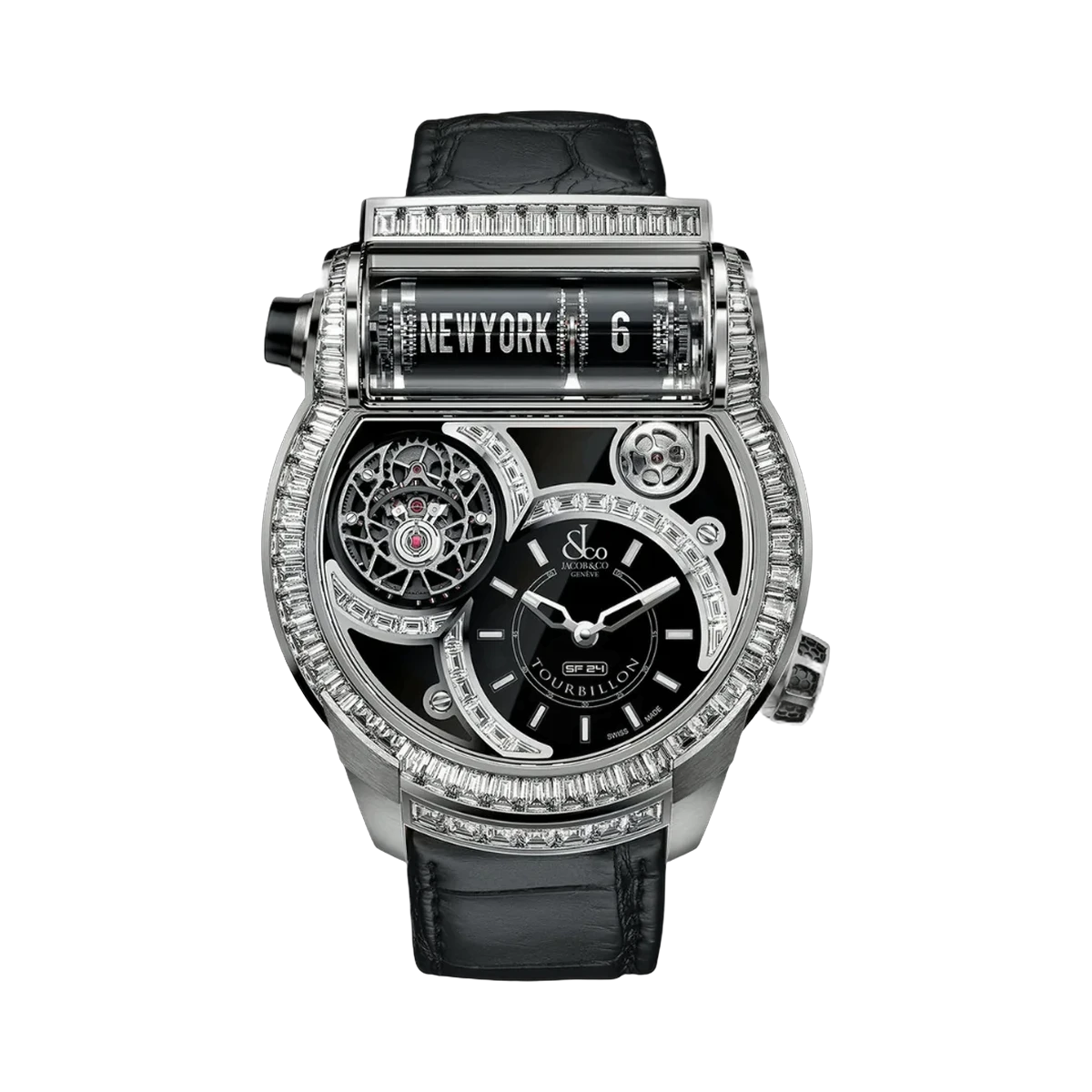 Jacob & Co. Epic SF24 Tourbillon Baguette ES802.30.BD.BD.A White Gold 2 Timezone 45mm Black Dial Mens Watch