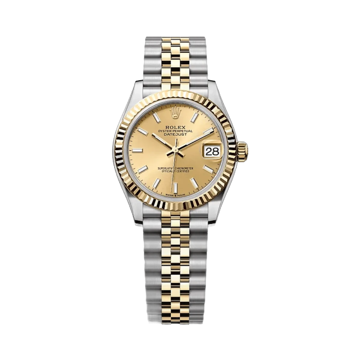 Rolex Datejust 31mm 278273 Gelbes Zifferblatt Stahl und Gold Gelbgold Geriffelte Lünette Jubilee Damenuhr