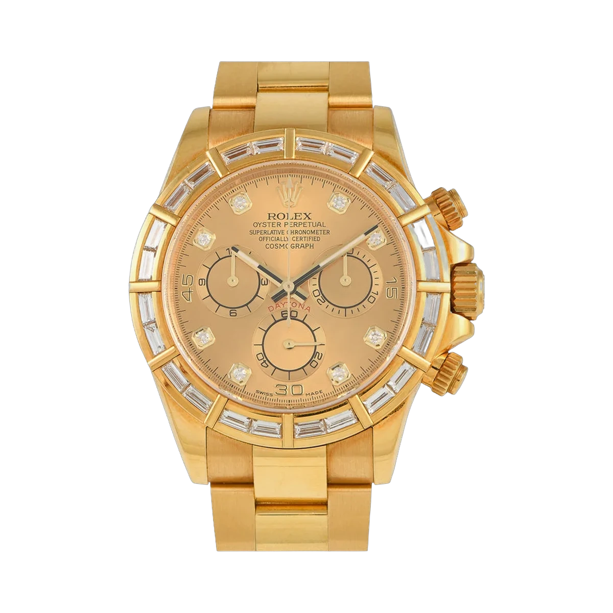 Rolex Cosmograph Daytona 116568BR Yellow Gold 40mm Baguette Diamond Bezel & Champagne Dial Men's Watch