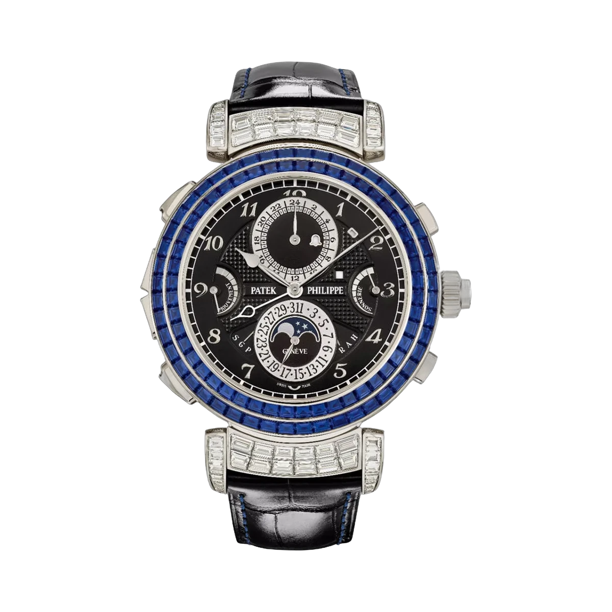 Patek Philippe Grand Complications 6300/401G-001 White Gold Baguette-cut Diamonds & Blue Sapphires 49.4mm Reversible Double-Faced Dial Men's Watch