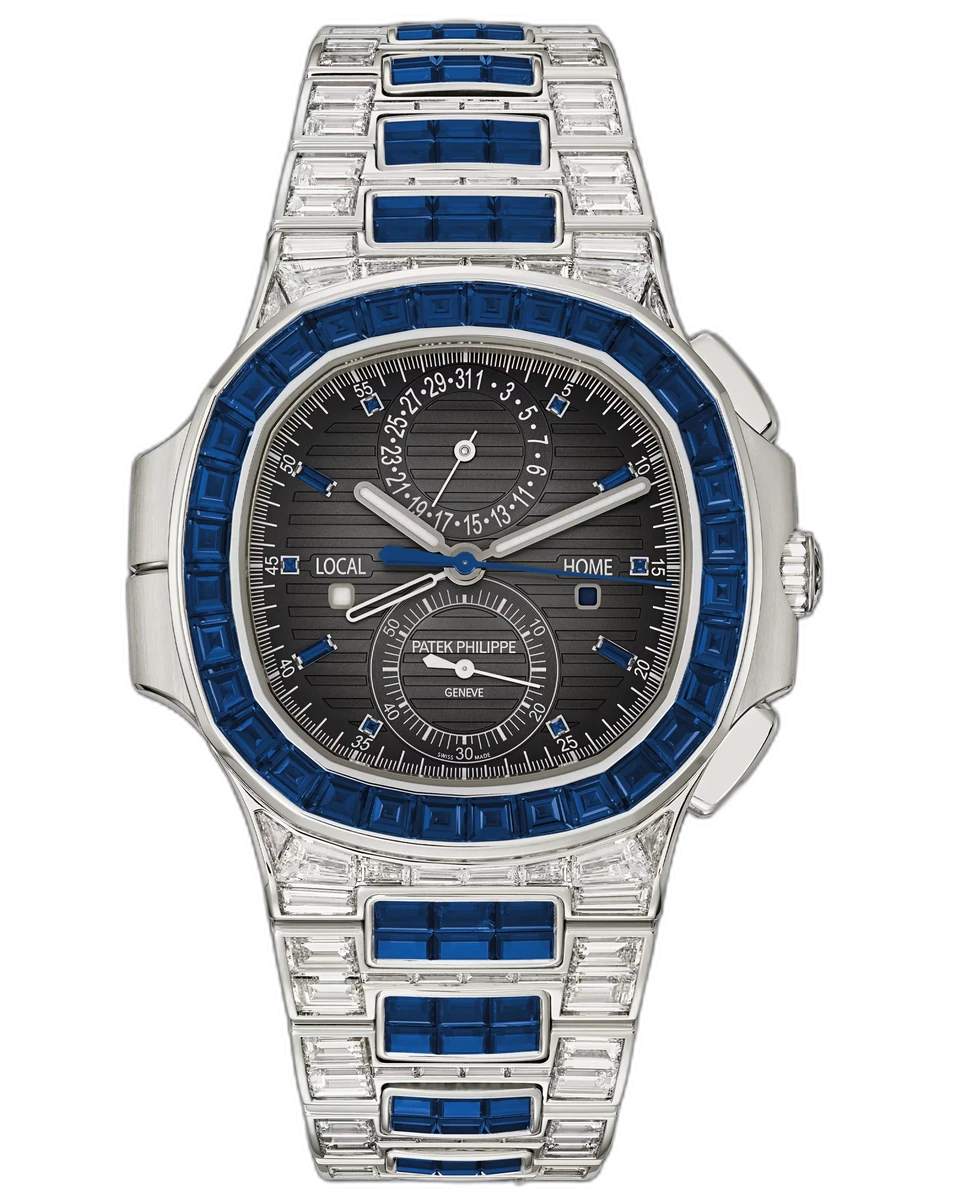 Patek Philippe Nautilus 5990/1421G-001 Travel Time White Gold Baguette Diamonds Blue Sapphires 40.5mm Black Gradated Dial Men's Watch