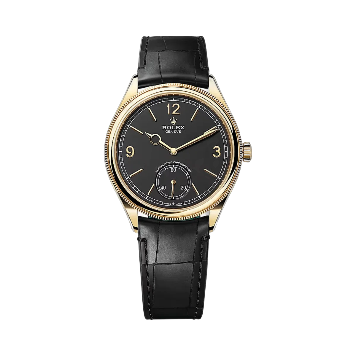 Rolex Perpetual 1908 – 52508-0002 Gelbgold & geriffelte Lünette Schwarzes Zifferblatt 39mm Herrenuhr