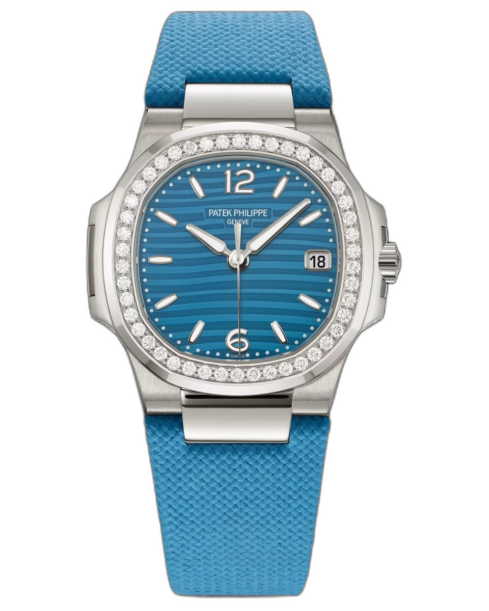 Patek Philippe Nautilus 7010G-013 White Gold Azure Blue Dial Diamond Bezel 32mm Ladies Watch