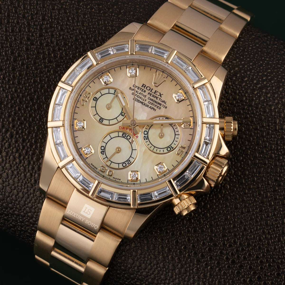 Rolex Cosmograph Daytona 116568BR.YLW.MOP Yellow Gold Yellow Mother-of-Pearl Dial Baguette Diamond Bezel