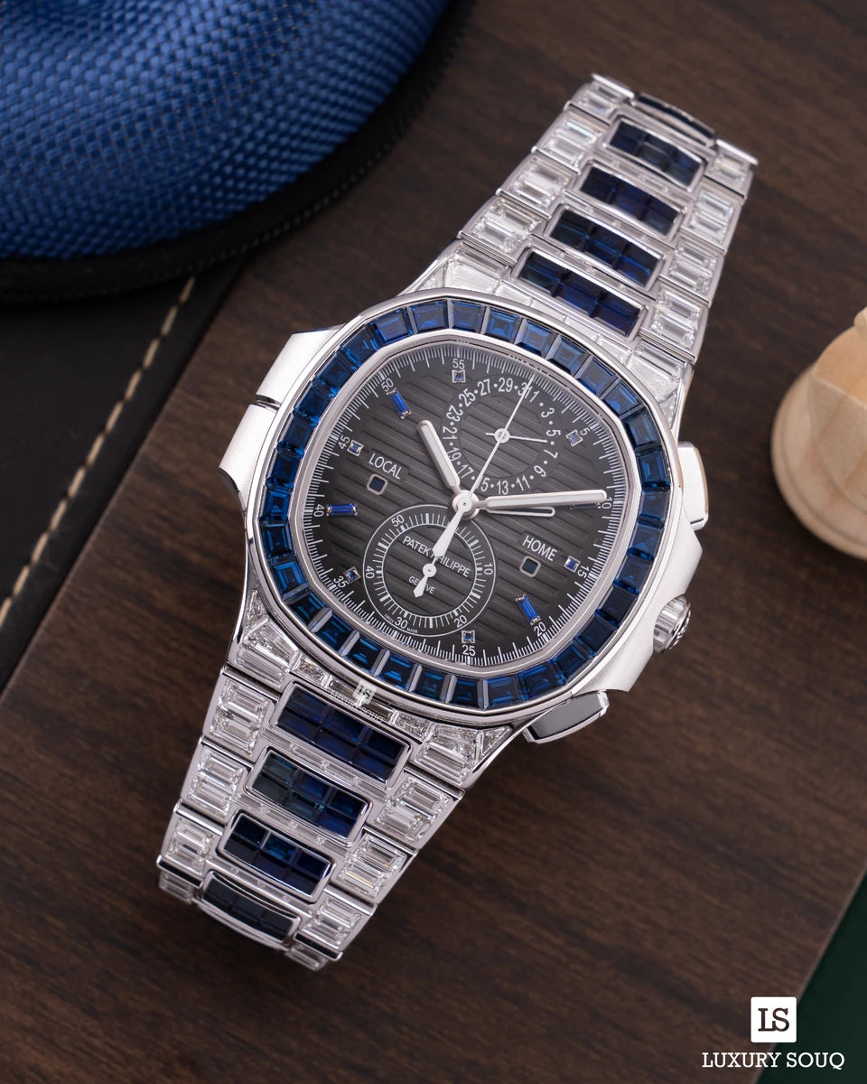 Patek Philippe Nautilus 5990/1421G-001 Travel Time White Gold Baguette Diamonds Blue Sapphires 40.5mm Black Gradated Dial Men's Watch – additional product photo 2