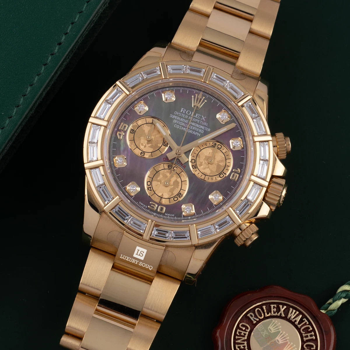 Rolex Cosmograph Daytona 116568BR.BLK.MOP Yellow Gold Black Mother-of-Pearl Dial Baguette Diamond Bezel
