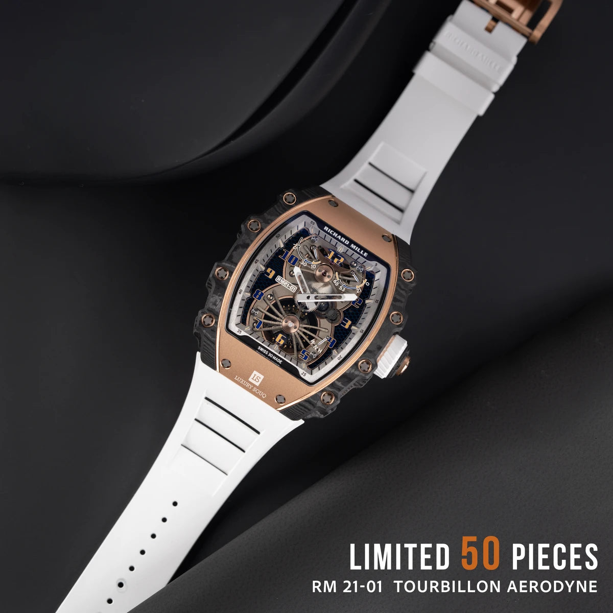 Richard Mille Rm 21-01 Tourbillon Aerodyne Rose Gold & Carbon Dial 42.68Mm X 50.12Mm White Rubber Straps Men's Watch