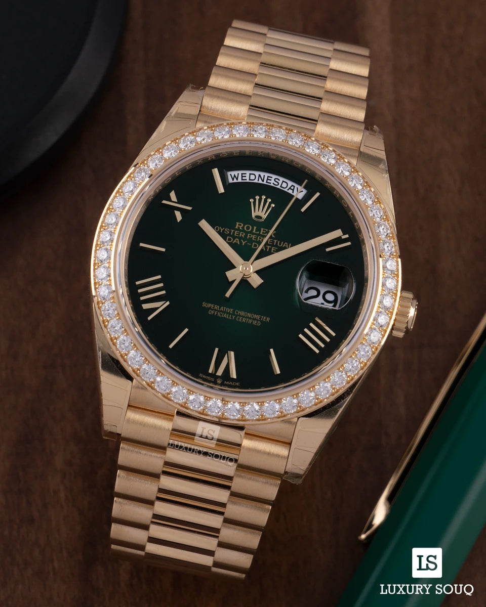 Rolex Day-Date 40 Yellow Gold Green Ombre Diamond Bezel President 228348RBR-0045