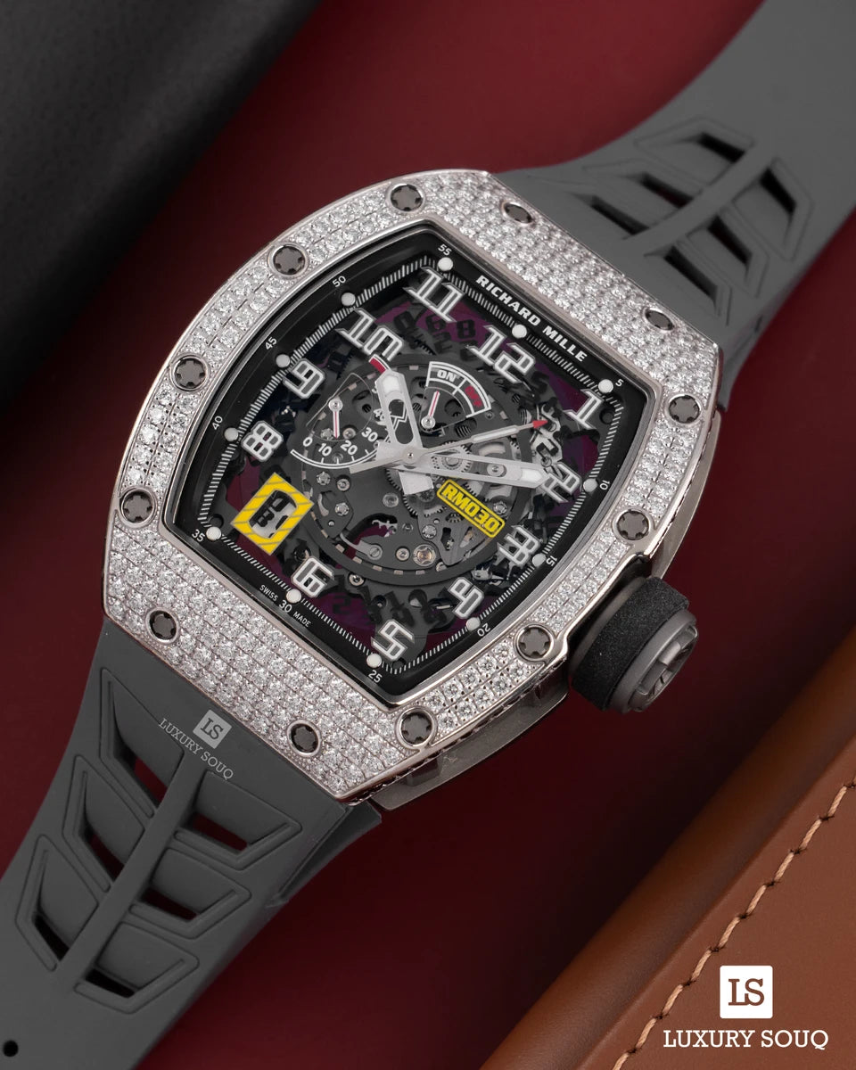 Richard Mille RM 030 WG Full Pave Diamond 42.7Mm X 50Mm 18K White Gold Black Rubber Straps Men's Watch
