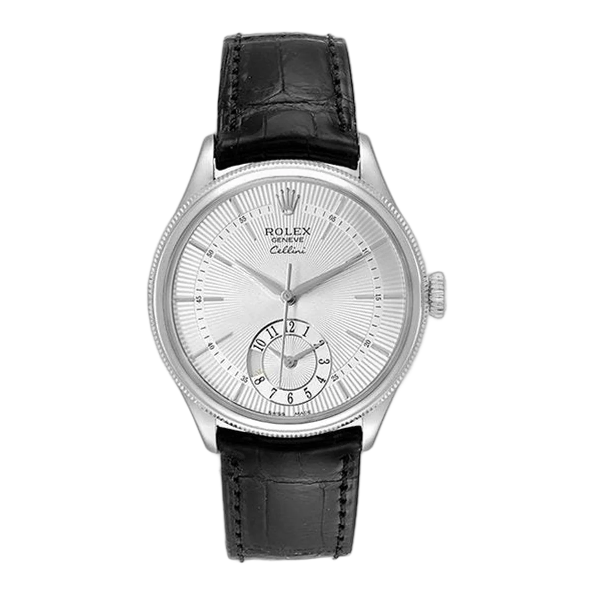 Rolex Cellini Dual Time White Gold Silver Guilloche Index Dial Domed & Fluted Double Bezel Black Leather Bracelet Men's Watch