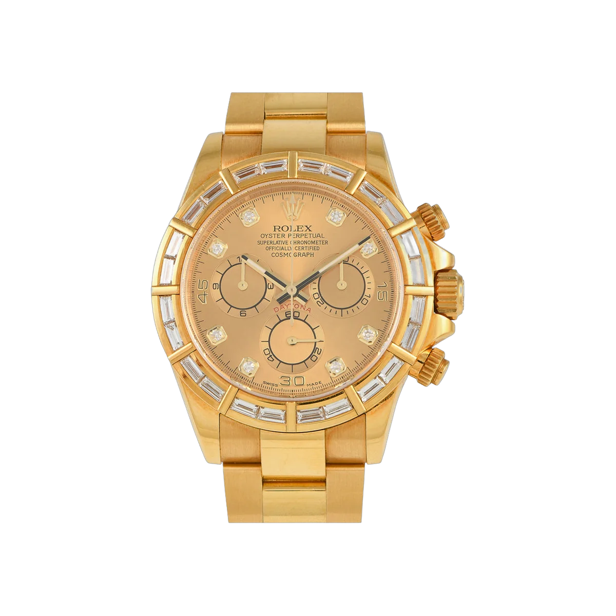 Rolex Cosmograph Daytona 116568BR Yellow Gold 40mm Baguette Diamond Bezel & Champagne Dial Men's Watch