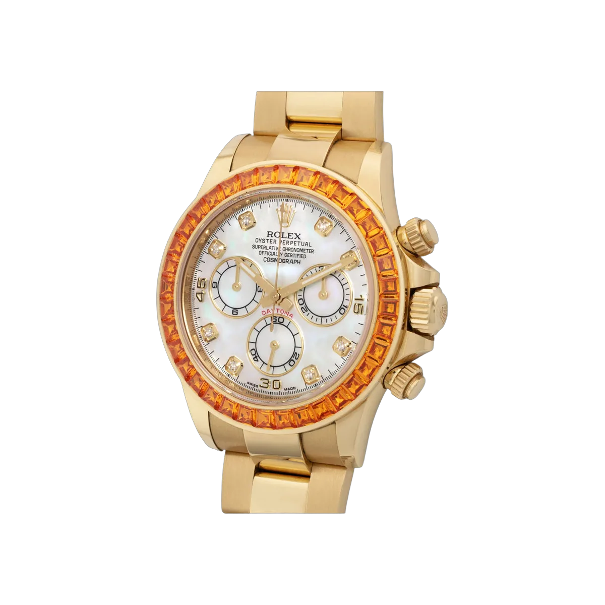 Rolex Cosmograph Daytona 116578SACO Yellow Gold Baguette-Cut Orange Sapphires Bezel 40mm Mother-of-Pearl Dial Unisex Watch
