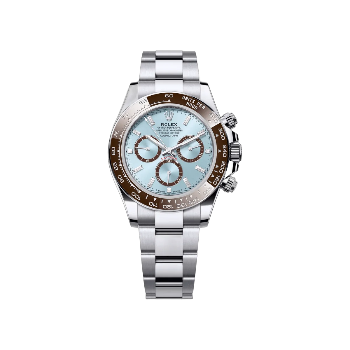 Rolex Cosmograph Daytona 126506-0002 Diamond-Set Chestnut Brown Bezel Oyster Platinum Bracelet Ice Blue Dial