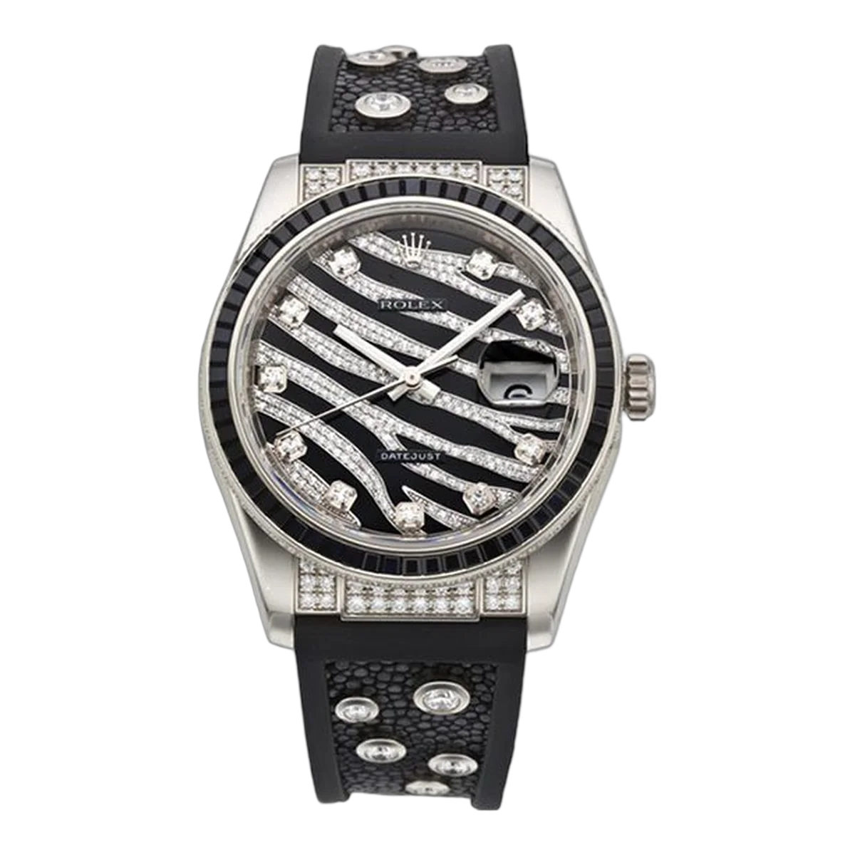 Rolex Datejust 116199 Sanr Royal Black 60 Baguette Black Sapphires Bezel Black & Diamond Paved Dial 36Mm White Gold Galuchat Straps Ladies Watch