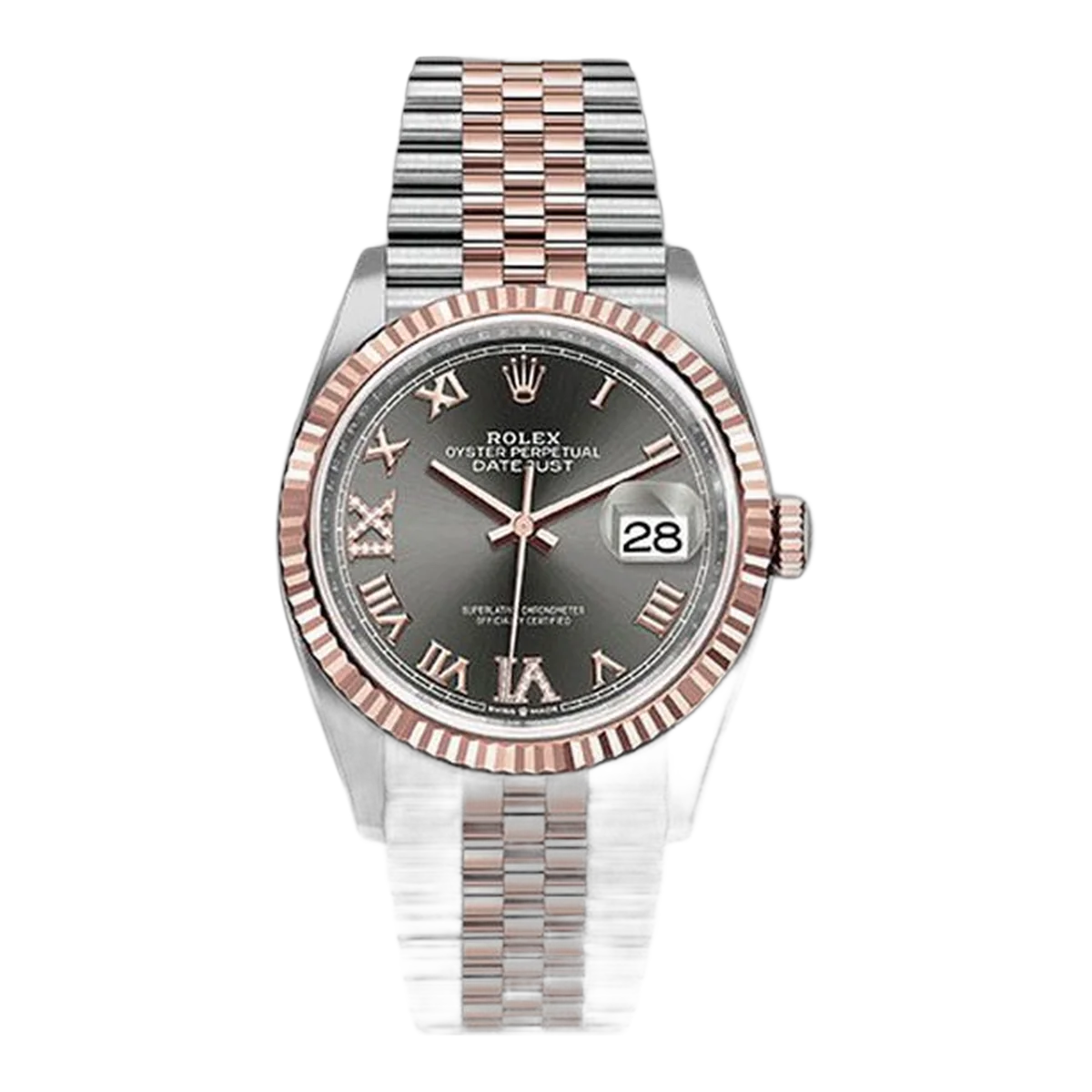 Rolex Datejust 126231 Dkrdr69J 36Mm Fluted Bezel Dark Rhodium Roman Dial Jubilee Bracelet Steel And Everose Rolesor Unisex Watch