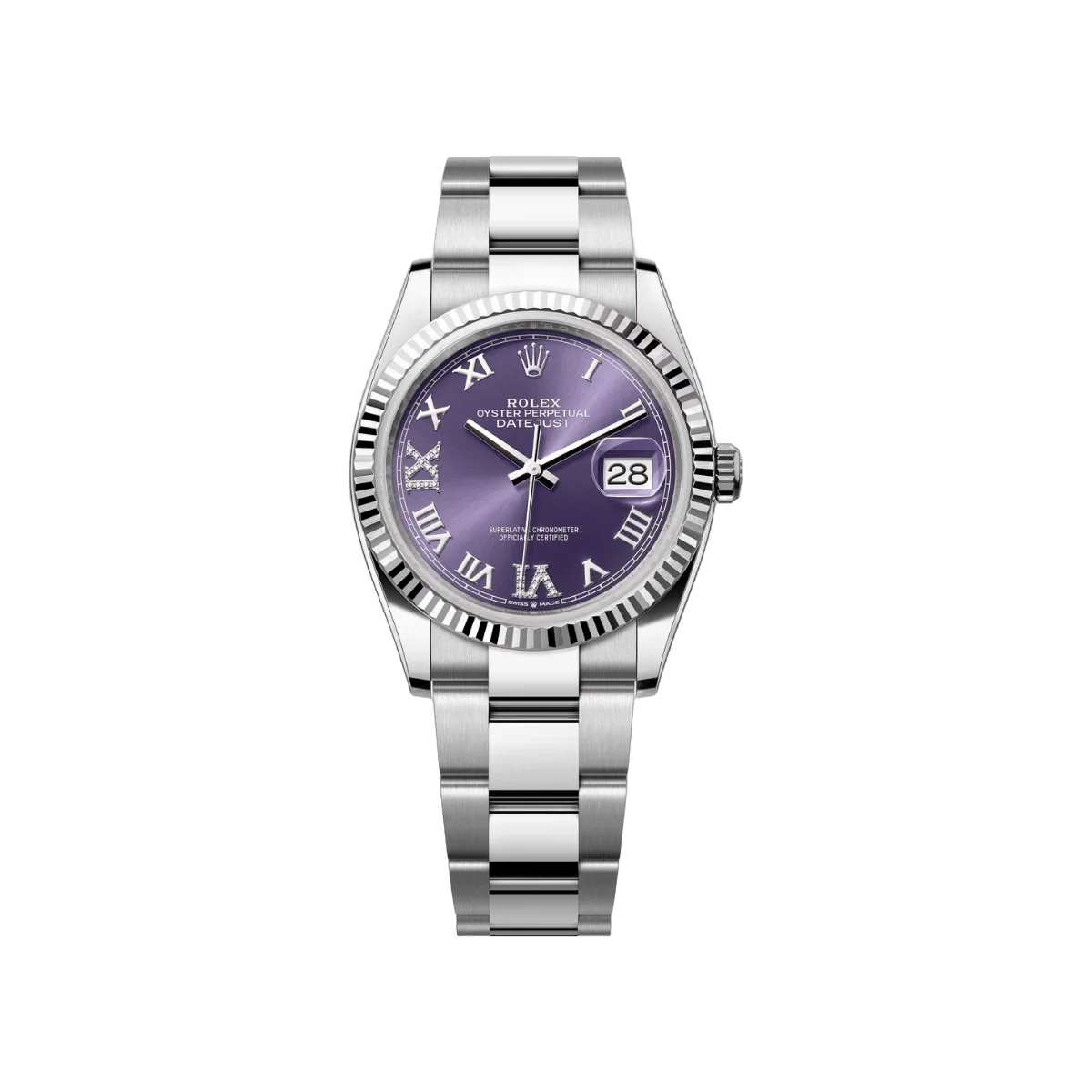 Rolex Datejust 126234-0022 Oystersteel Aubergine Roman VI And IX Diamonds Dial 36mm Ladies Watch