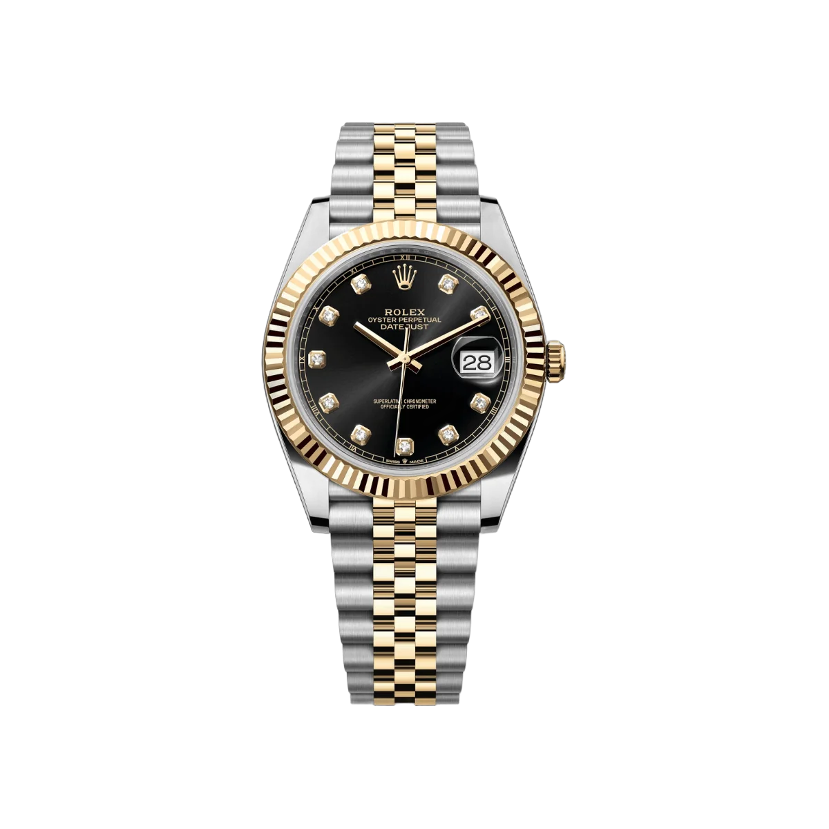 Rolex Datejust 126333-0006 Oystersteel 18Kt Yellow Gold Fluted Bezel 41mm Black Diamond Dial Men's Watch