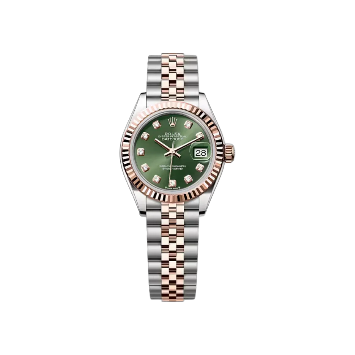 Rolex Datejust 279171-0007 Fluted Bezel Steel & Rose Gold 28mm Olive Green Diamond Dial Ladies Watch