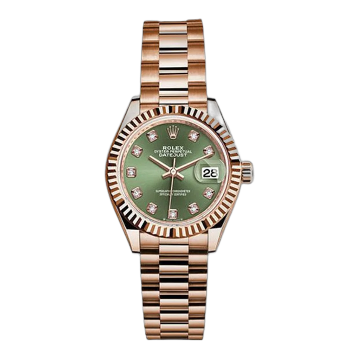 Rolex Datejust 279175 Ogdp Olive Green Diamond Dial 28Mm Everose Gold Ladies Watch