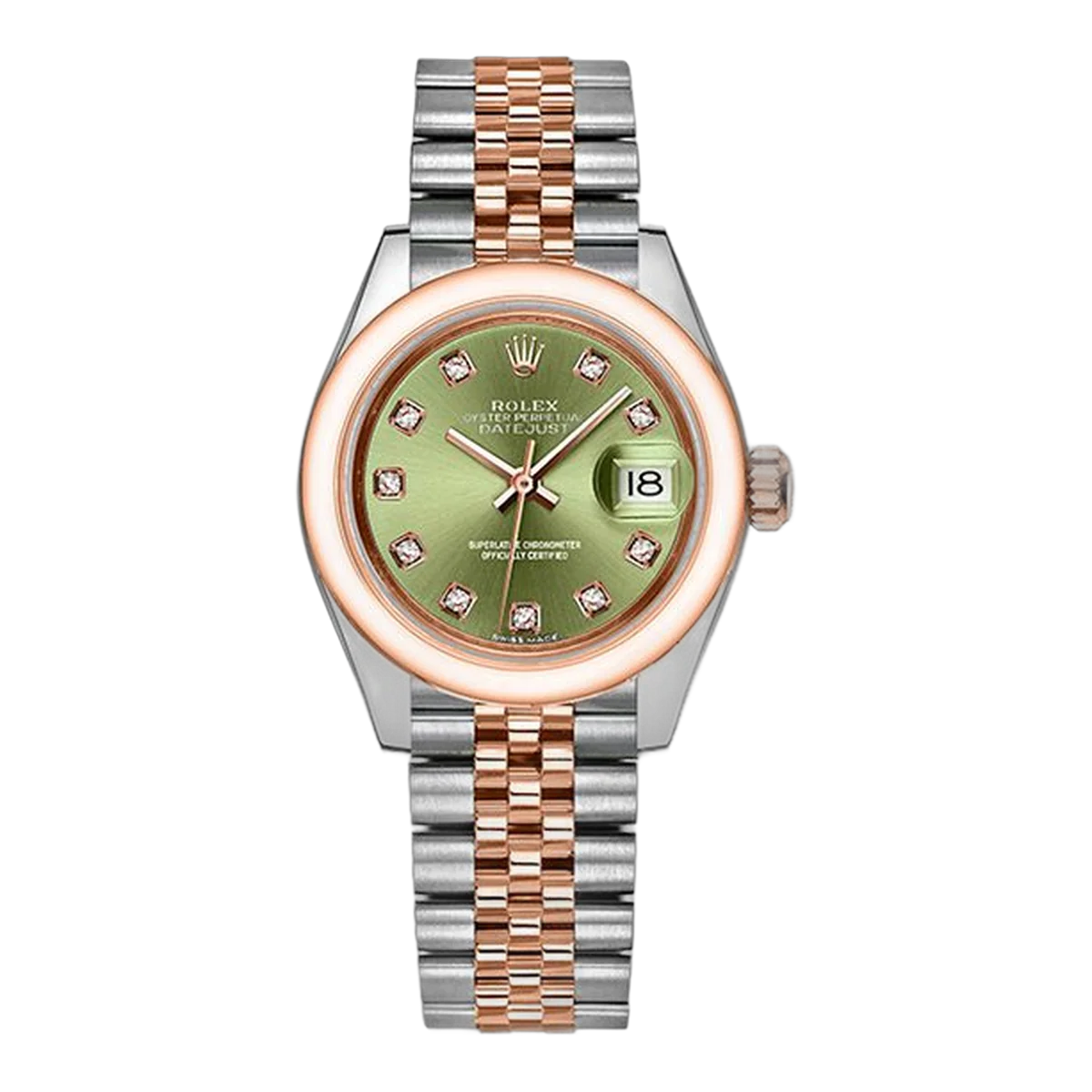 Rolex Datejust Everose Gold Rolesor And Stainless Steel 28Mm Domed Bezel With Olive Green Diamond Dial In Jubilee Bracelet Ladies Watch