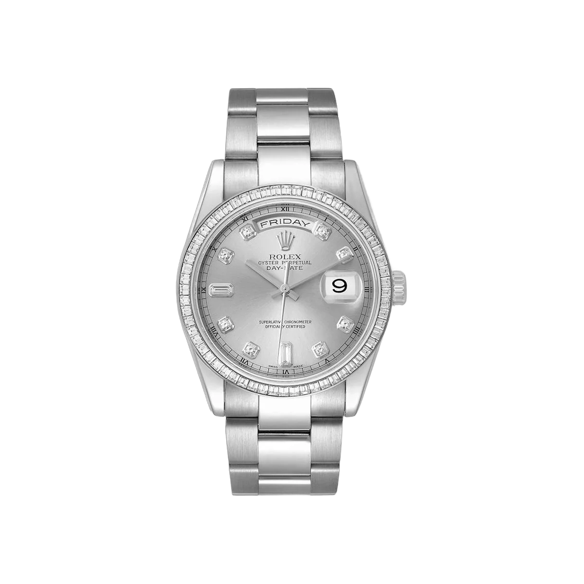 Rolex Day-Date 118399 White Gold 36mm Silver Diamond Dial Ladies Watch
