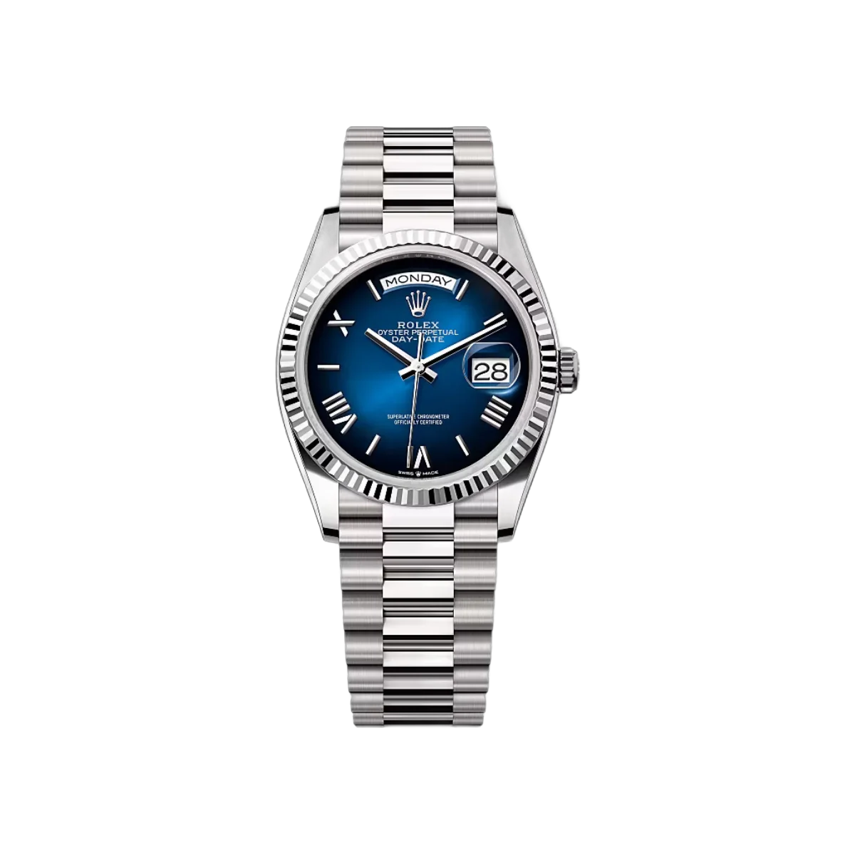 Rolex Day-Date 128239-0063 Roman Numerals Blue Ombre Dial White Gold 36mm Women’s Watch