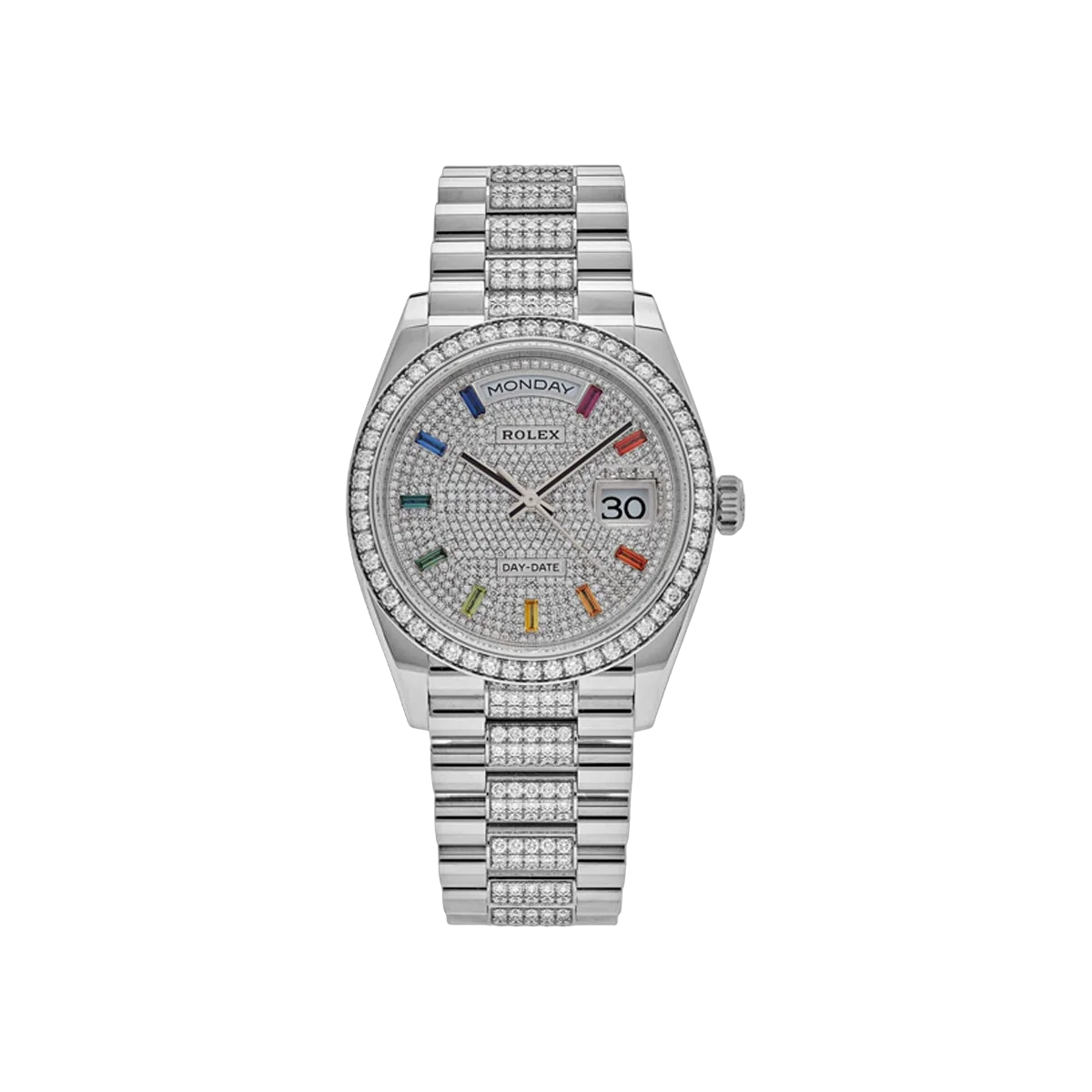 Rolex Day-Date 128349RBR White Gold 36mm Diamond Bezel & Diamond Paved Dial Ladies Watch