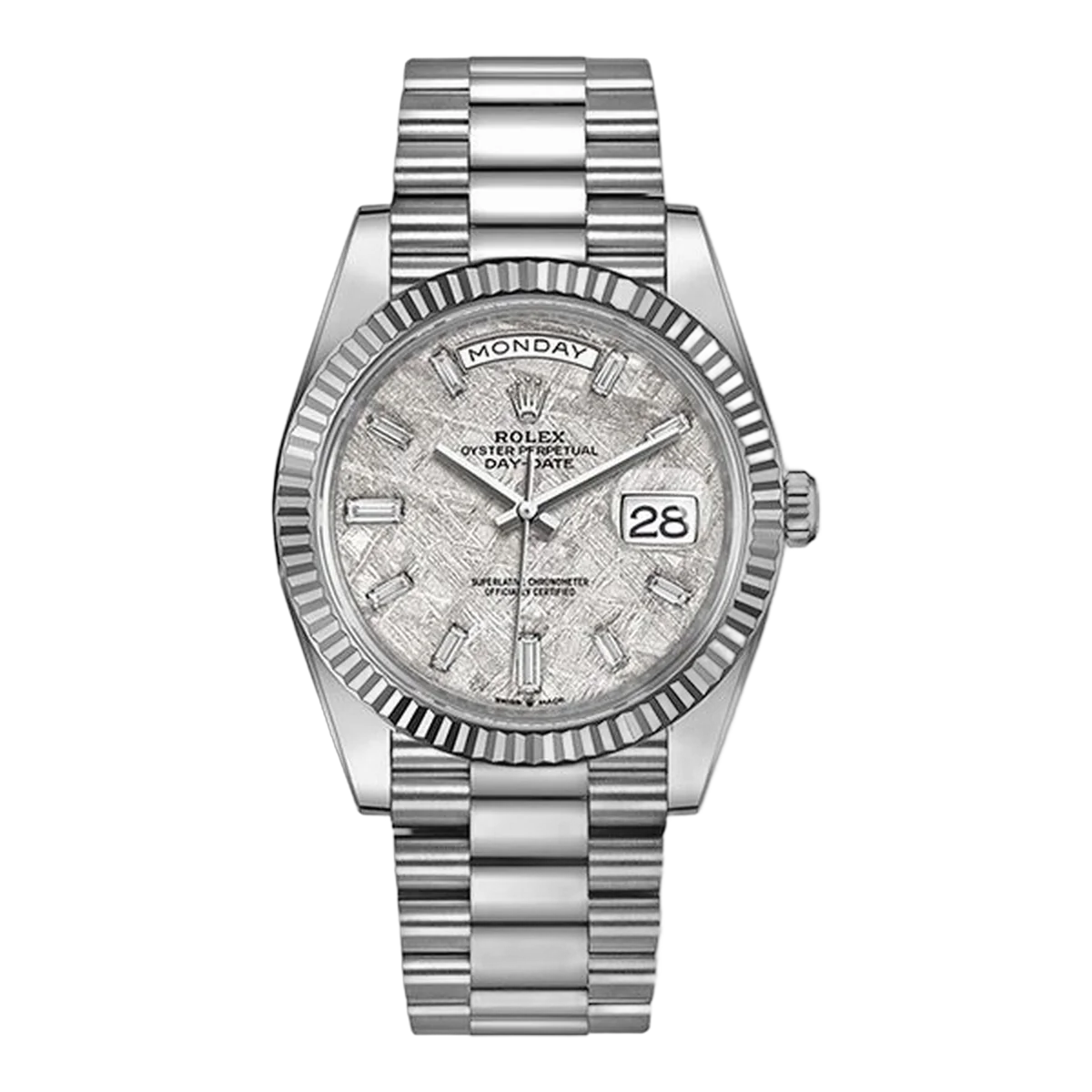 Rolex Day-Date 228239-0055 40Mm White Gold Fluted Bezel Meteorite Baguette Diamond Dial Men's Watch