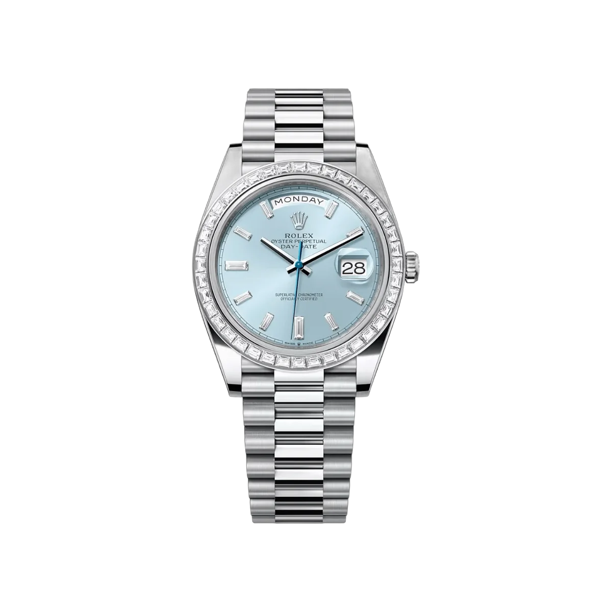 Rolex Day Date 228396TBR Automatic Platinum Baguette Bezel 40MM Ice Blue Dial Unisex Watch