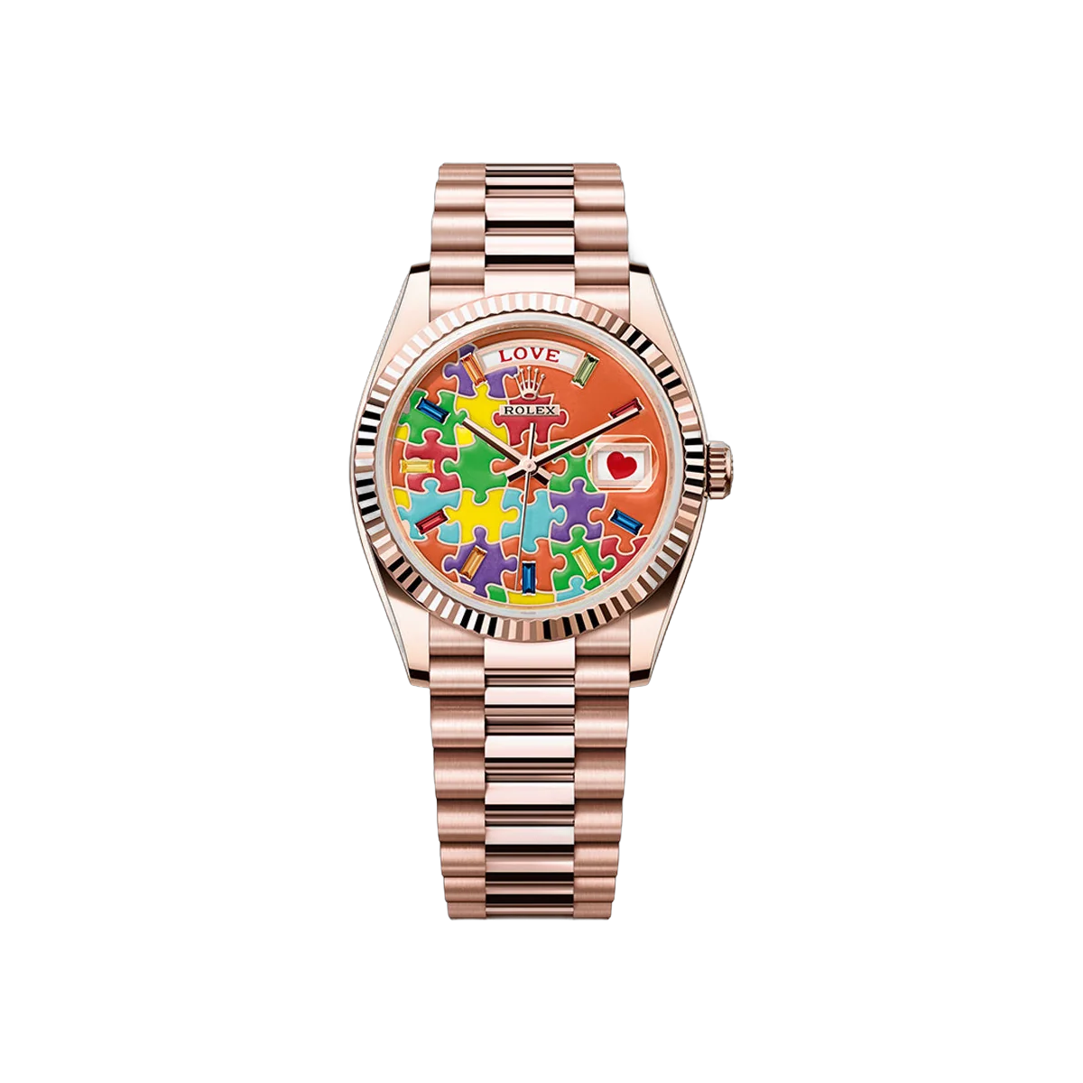 Rolex Day Date 36 128235-0063 Rose Gold Presidential Bracelet Emoji Puzzle Dial 36mm Unisex Watch