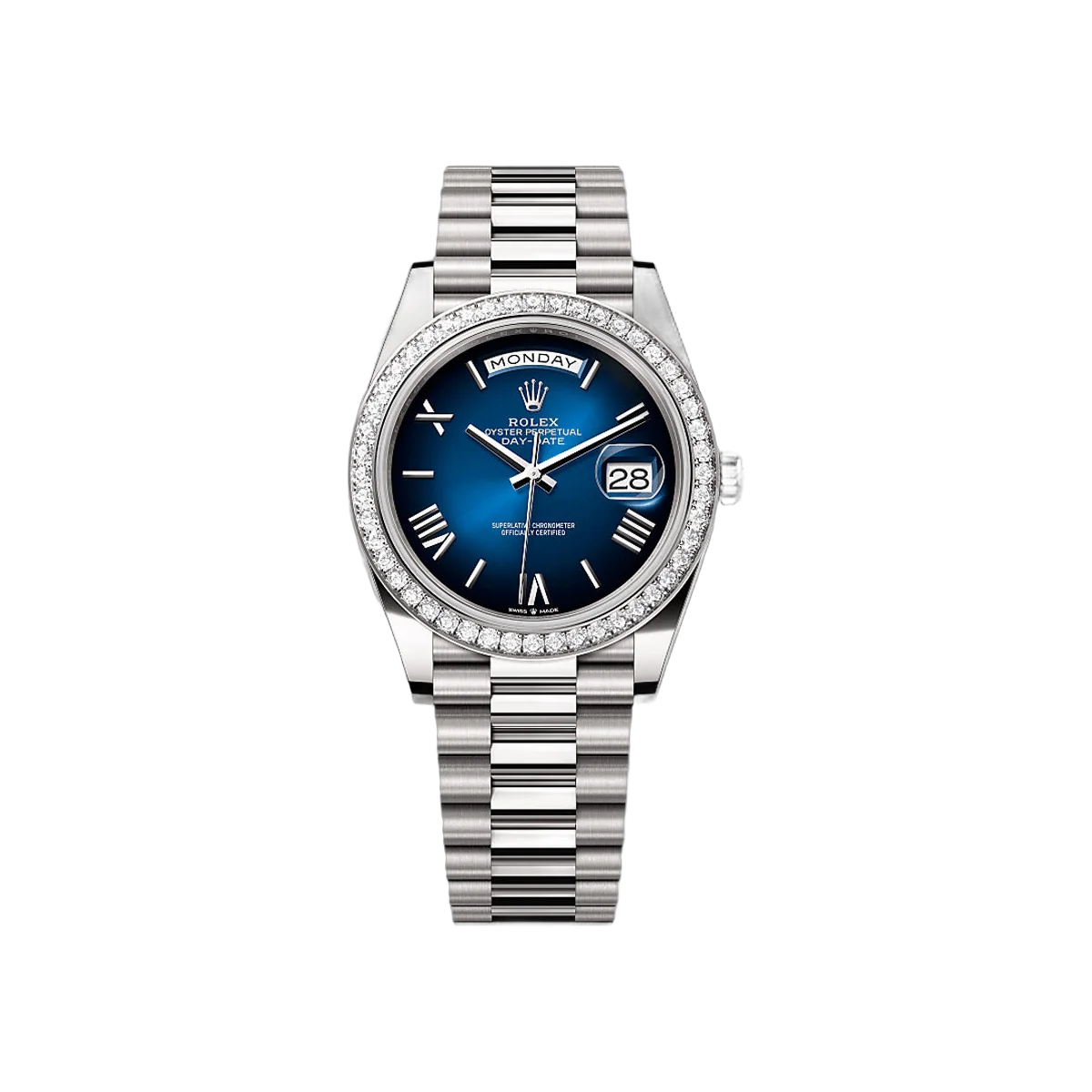 Rolex Day-Date 40 228349RBR-0045 White Gold Diamond-set Bezel President Bracelet 40mm Blue Ombré Dial Unisex Watch