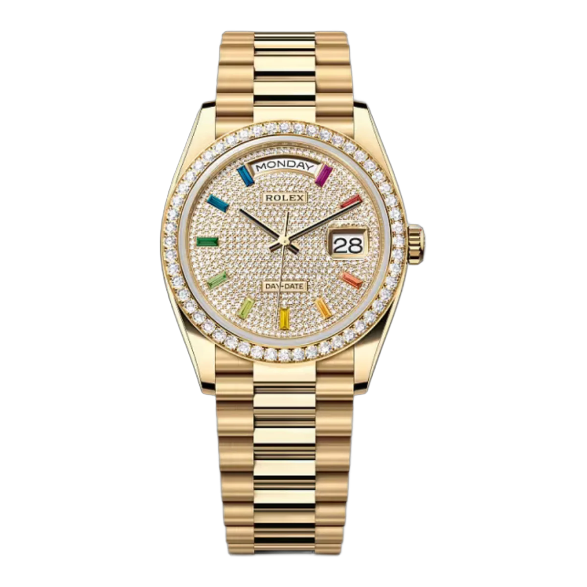 Rolex Day-Date Diamond Bezel 128348RBR-0030 Diamond-Paved Yellow Gold 36mm Women's Watch