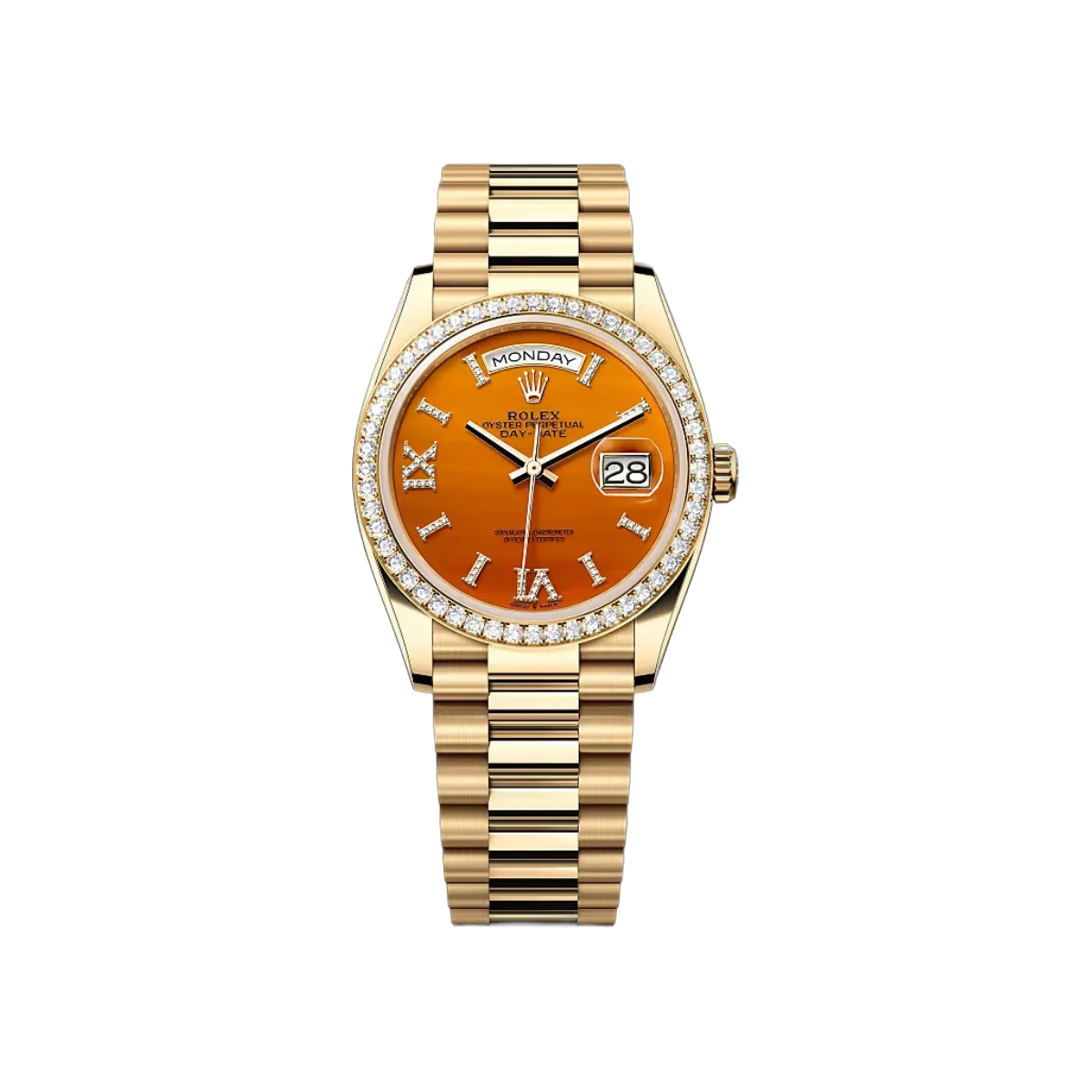 Rolex Day-Date Diamond Bezel 128348RBR-0049 Carnelian Dial Yellow Gold 36mm Women's Watch
