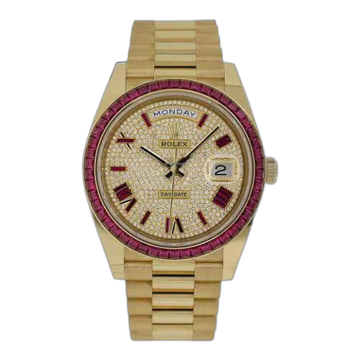 Rolex Day-Date Diamond Dial With Red Sapphire Bezel 40Mm 18Kt Yellow Gold Men's Watch