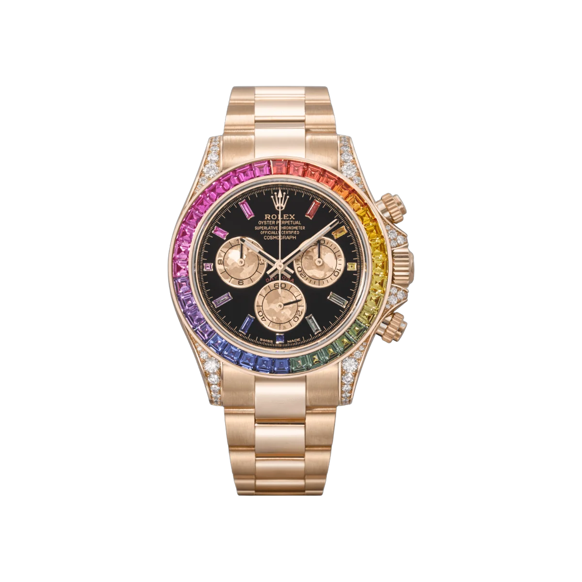 Rolex Daytona 116598RBOW Rainbow Yellow Gold Sapphire Bezel Black Dial
