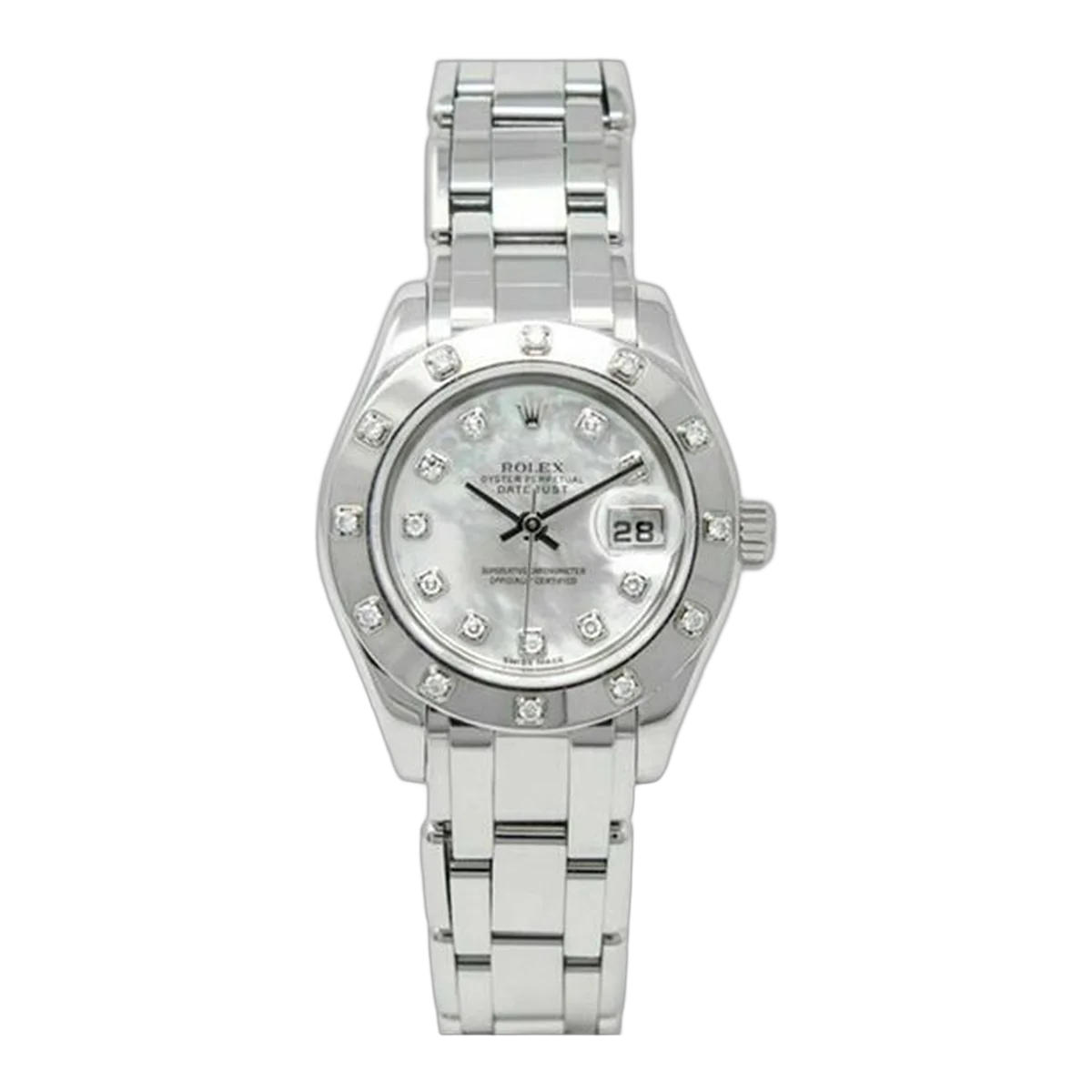Rolex Pearlmaster 80319 White Gold 29Mm Mother Of Pear Dial12 Diamond Bezel Ladies Watch