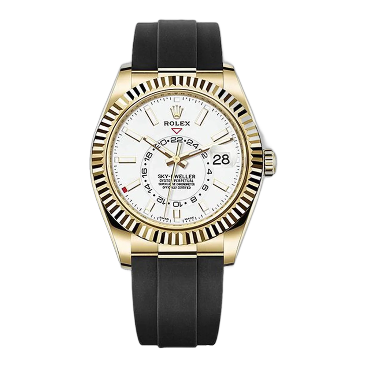 Rolex Sky Dweller 326238 Wi Oysterflex White Index Dial 42Mm 18K Yellow Gold Case Black Rubber Strap Men's Watch