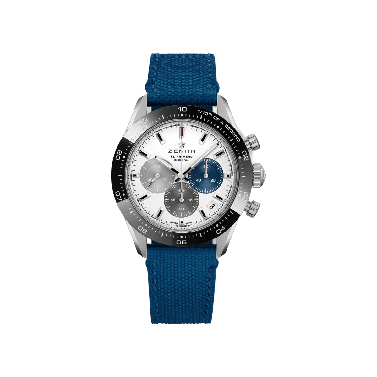 Zenith Chronomaster Sport 03.3100.3600/69.C823 Black Bezel Blue Fabric Strap 41mm White Dial Unisex Watch