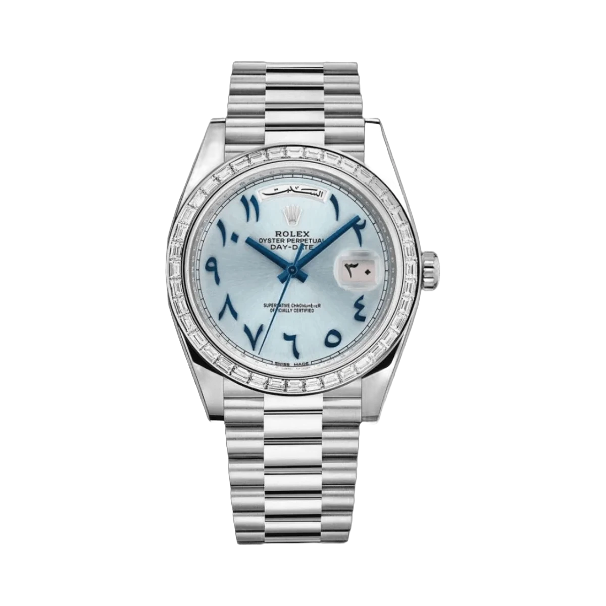 Rolex Day Date 22839TBR Automatic Diamond Bezel Arabic Numerals 40mm Ice Blue Dial Unisex Watch