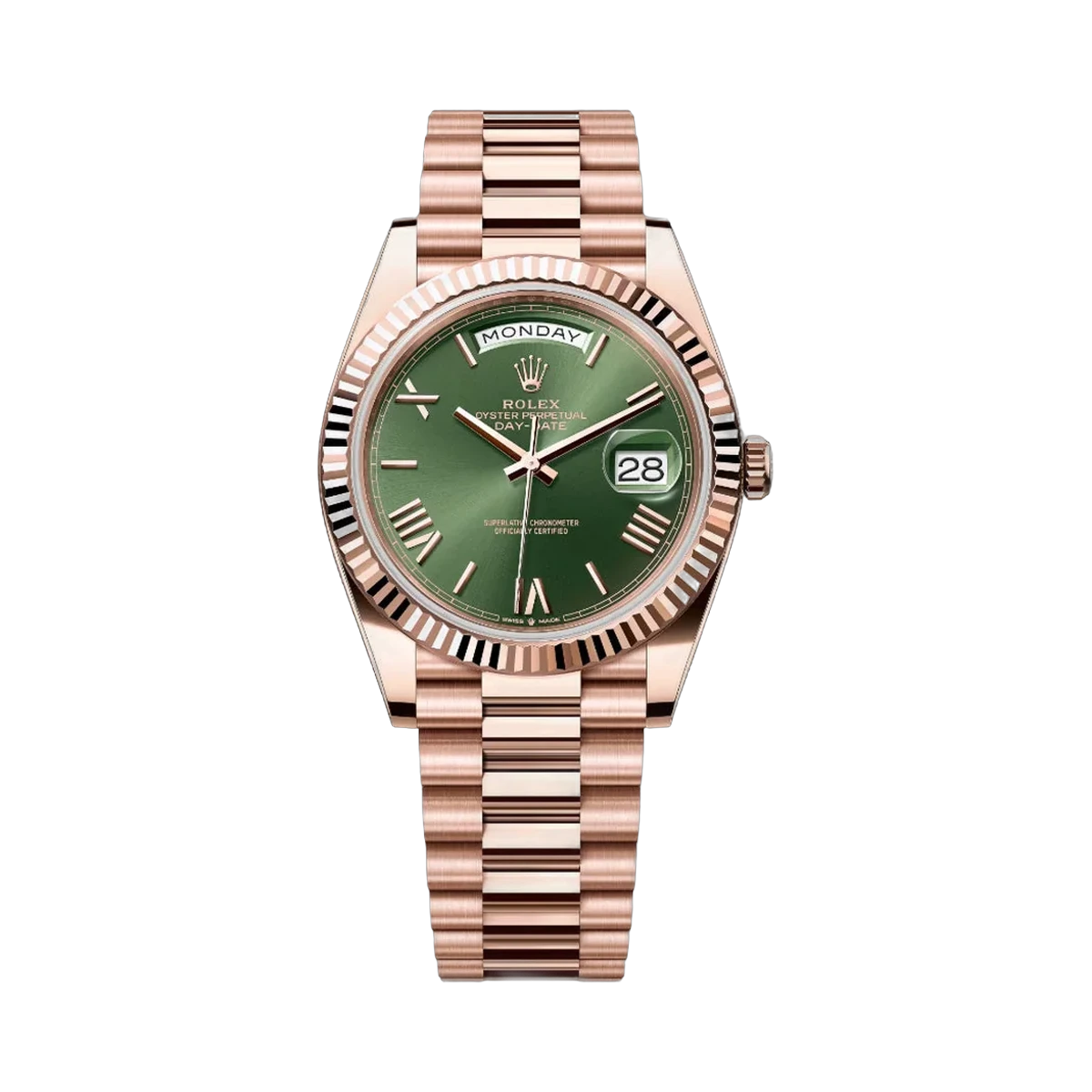 Rolex Day Date 228235 OGRP Olive Green Dial Bevelled Roman Numerals 40Mm 18Kt Rose Gold Jubilee Bracelet