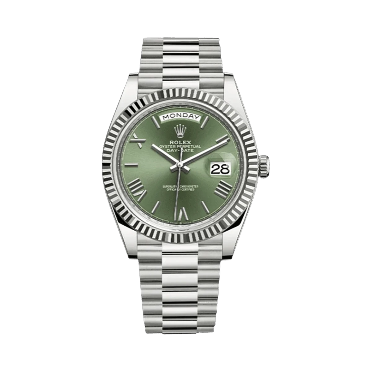 Rolex Day-Date 228239 Ogrp Olive Green Beveled Roman Fluted Bezel Dial 40Mm 18Kt White Gold Jubilee Bracelet Men's Watch