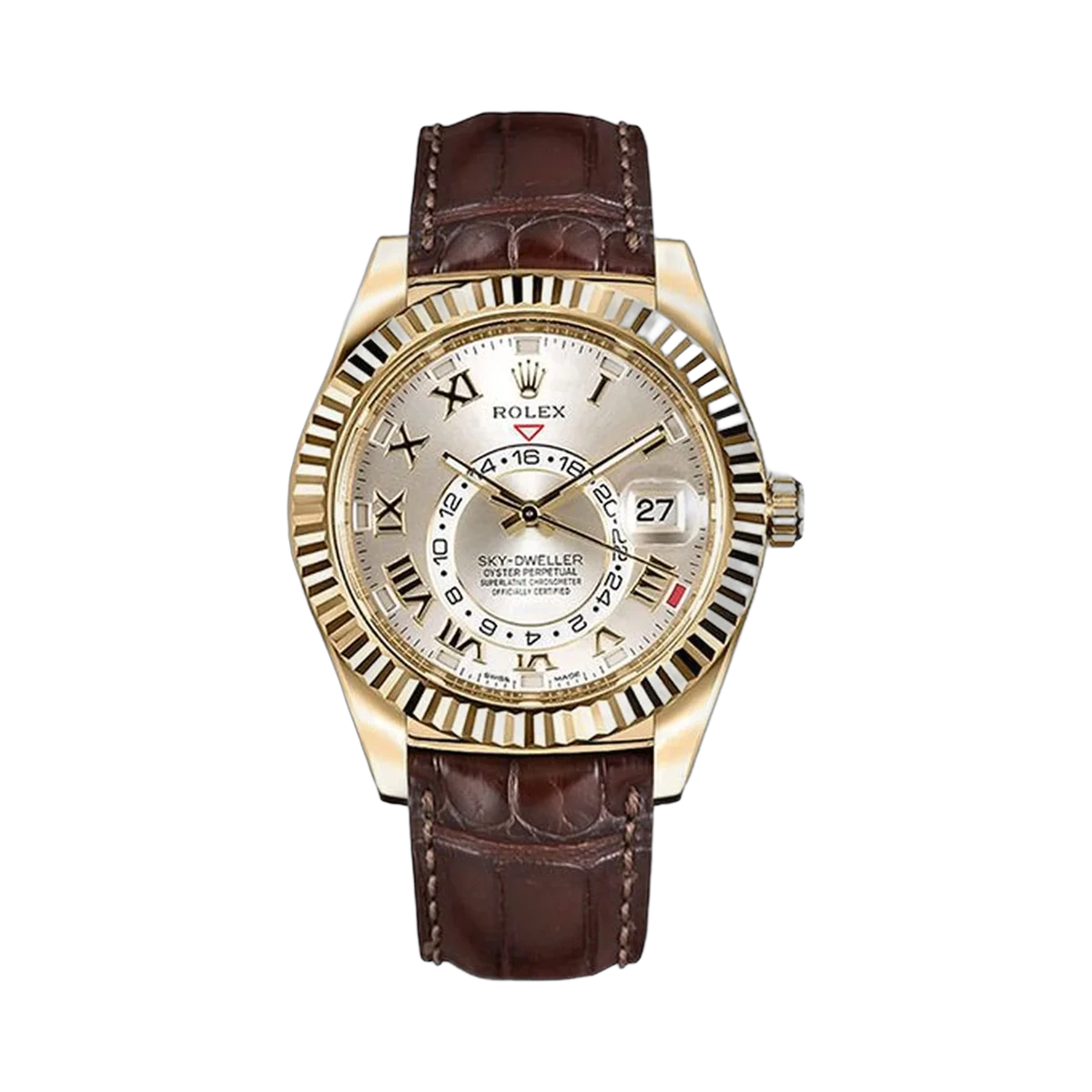 Rolex Sky Dweller 326138 S Silver Sunray Roman Dial 42Mm 18Kt Yellow Gold Brown Strap Men's Watch