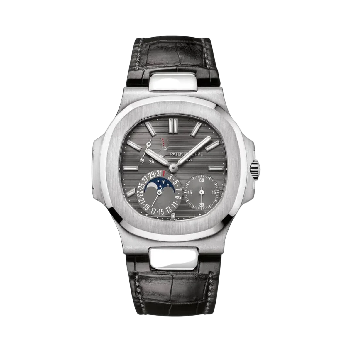 Patek Philippe Nautilus 5712G-001 Slate Gray Indices Moon Phase 18K White Gold Black Matted Leather Straps