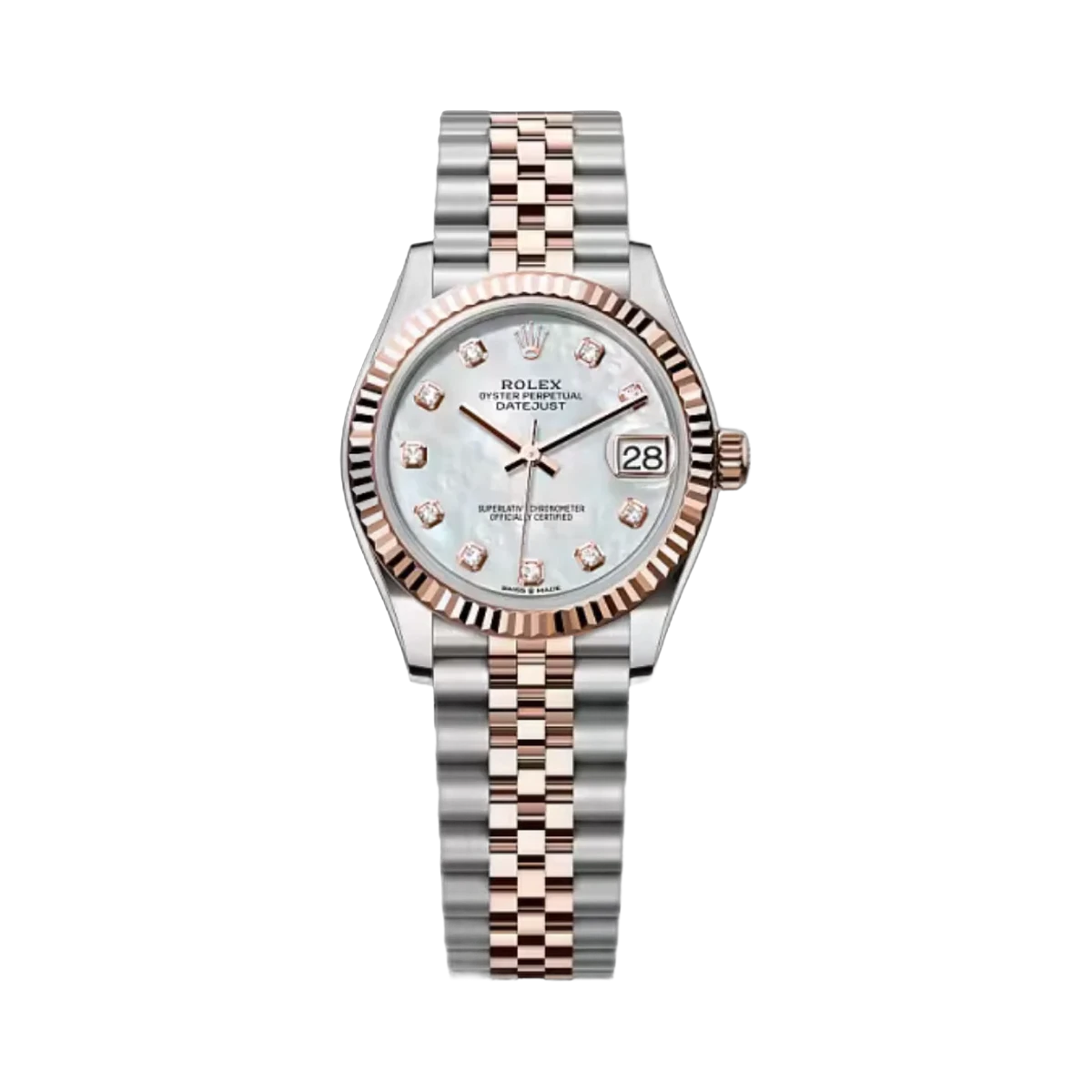 Rolex Datejust 278271-0026 Mother Of Pearl Diamond Dial Rose Gold Fluted Bezel 31Mm Stainless Steel And 18K Rose Gold Jubilee Bezel Ladies Watch