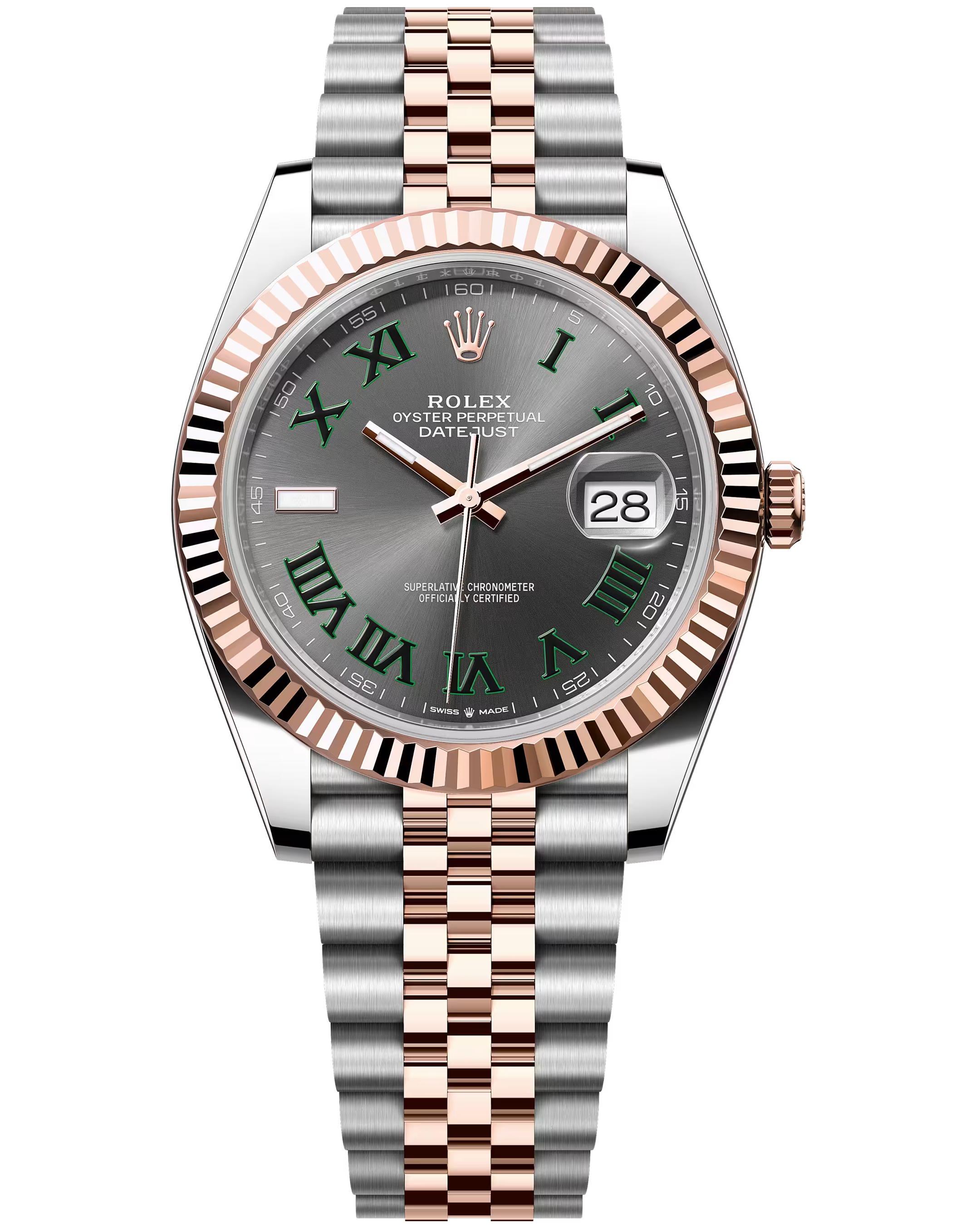 Rolex Datejust m126331-0016 Oyster Perpetual Wimbledon Everose Gold Green Roman Numerals 41mm Slate Grey Dial Mens Watch