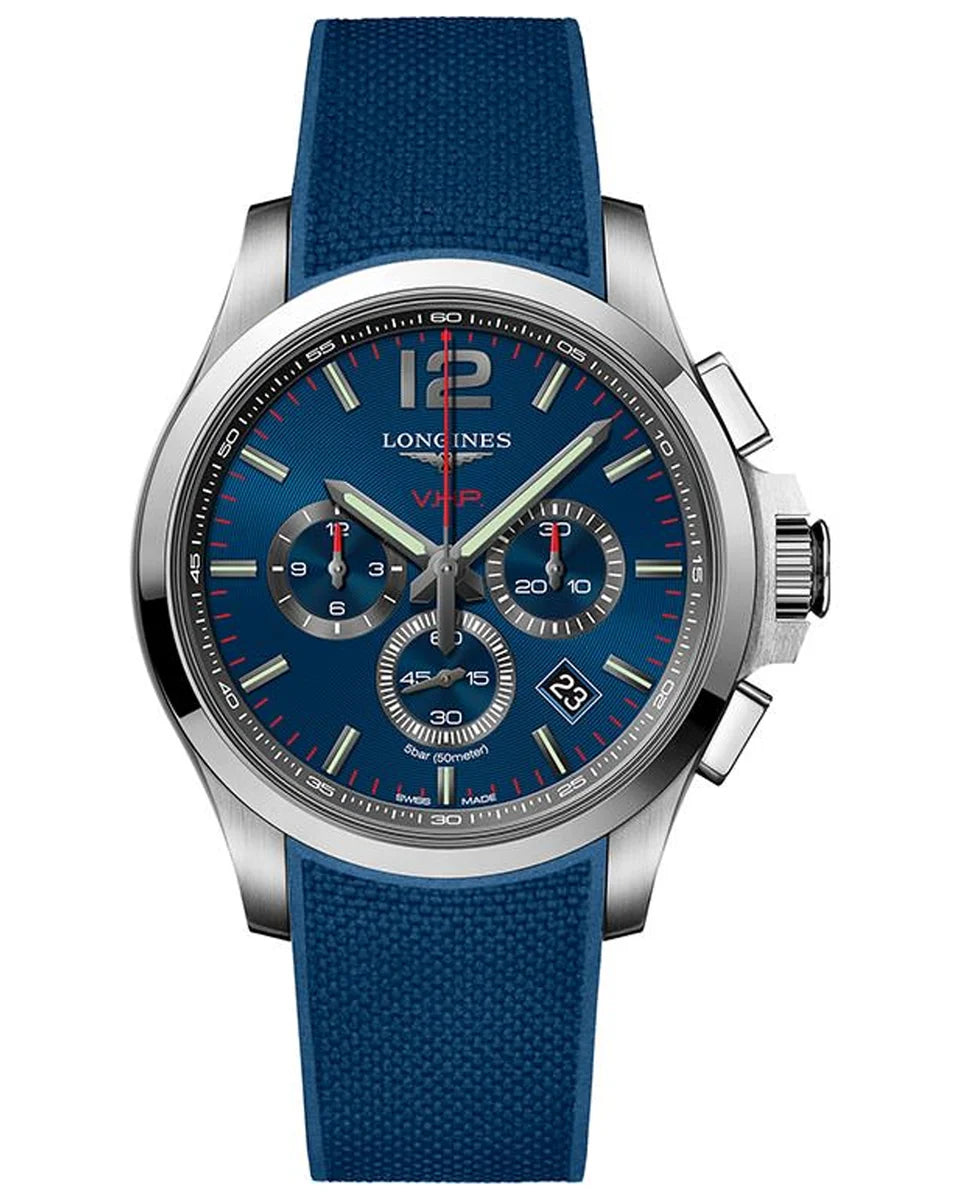 Longines Conquest VHP L3.727.4.96.9 Chronograph 44mm Stainless Steel Blue Rubber Strap