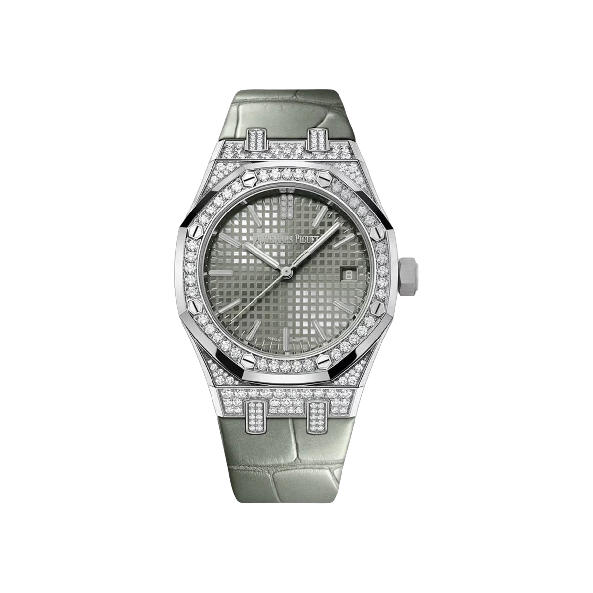 Audemars Piguet Royal Oak 15551BC.ZZ.D405CR.01 White Gold Diamond Bezel 37mm Green Dial Ladies Watch