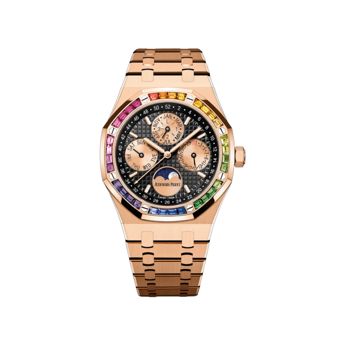 Audemars Piguet Royal Oak 26614OR.YY.1220OR.01 Perpetual Calendar Ltd Edition Rose Gold Black Dial Rainbow Bezel 41mm Men's Watch