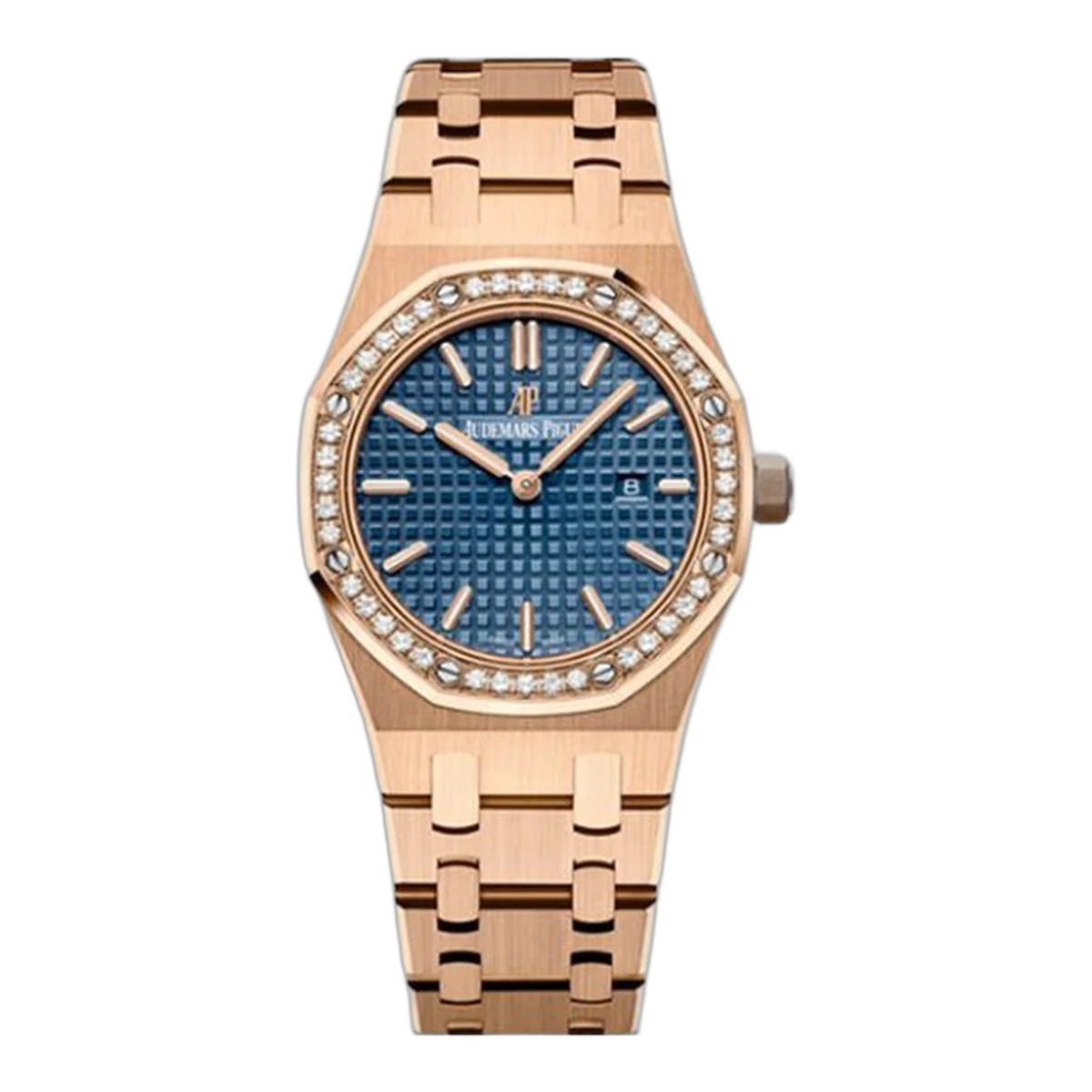 Audemars Piguet Royal Oak 67651OR.ZZ.1261OR.02 Quartz 18K Rose Gold Blue Index Diamond Bezel 33Mm Ladies Watch